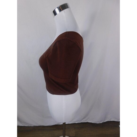 Bozzolo Brown Ribbed Crop Top Square Neck Short Sleeve M/L - Picture 3 of 10